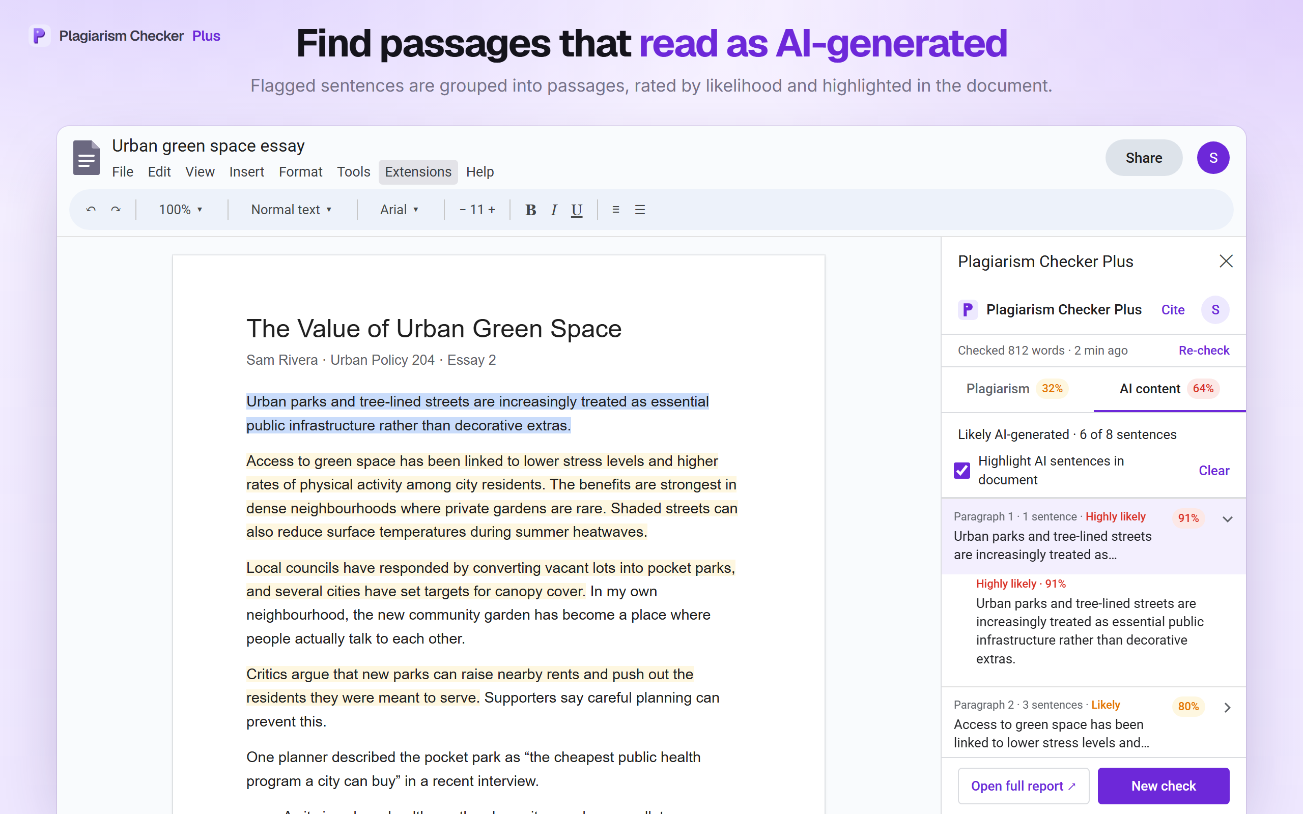 The AI content tab grouping flagged sentences into paragraphs rated Highly likely and Likely, with AI sentences highlighted in yellow in the document