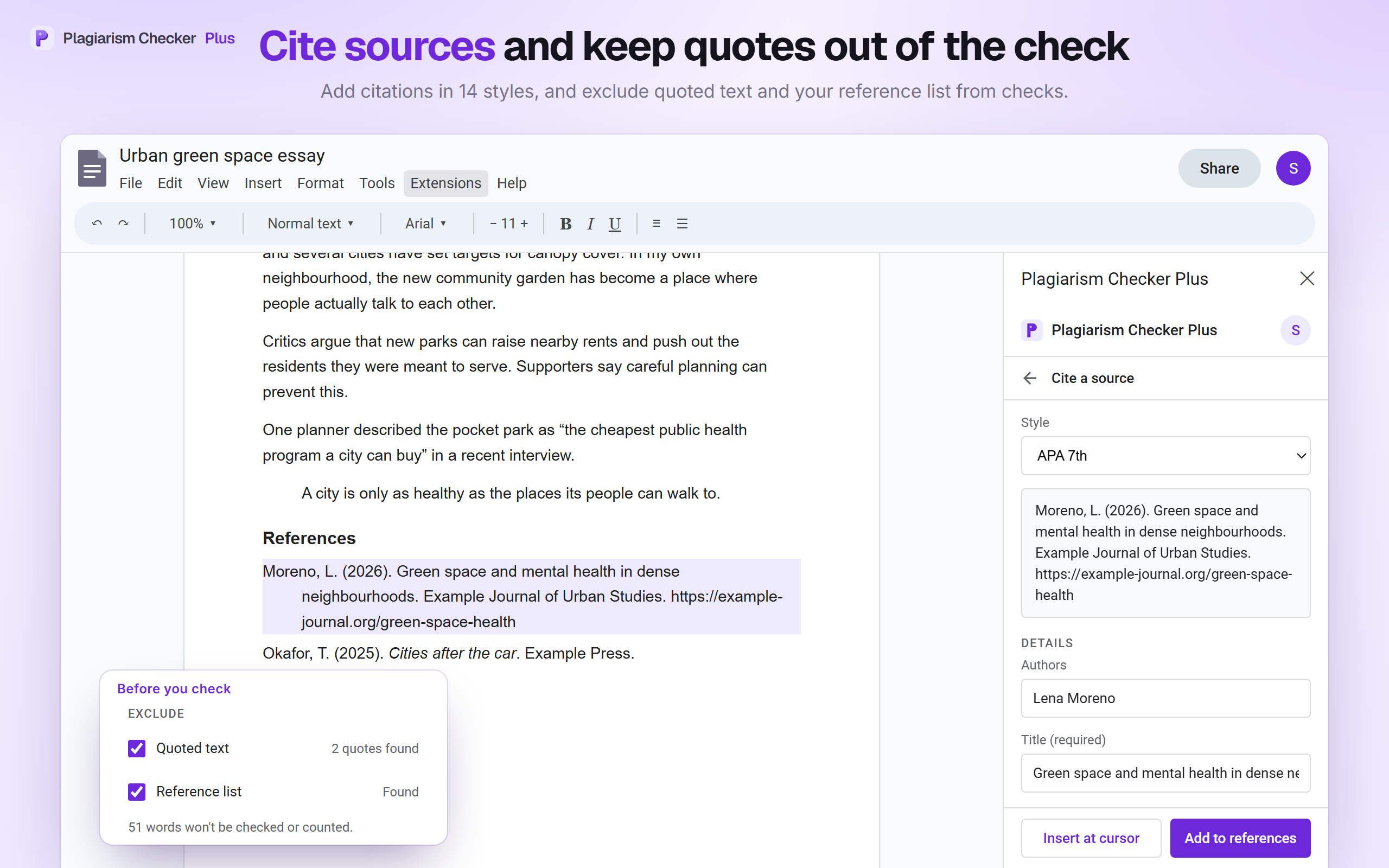 The Cite a source panel with an APA 7th citation, Insert at cursor and Add to references buttons, and options to exclude quoted text and the reference list from the check