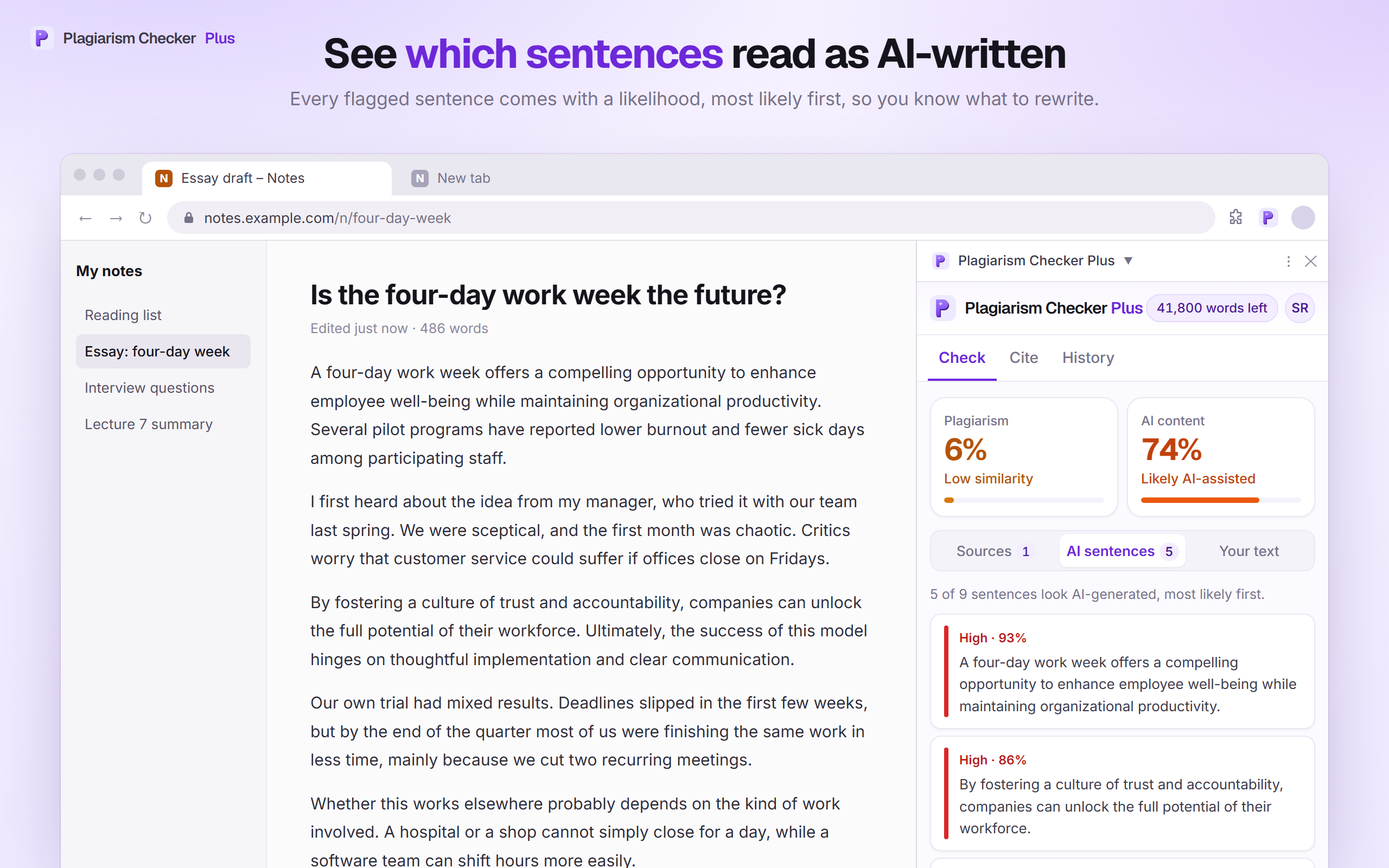 The AI sentences tab listing sentences that look AI-generated, most likely first, each with a likelihood such as High 93%