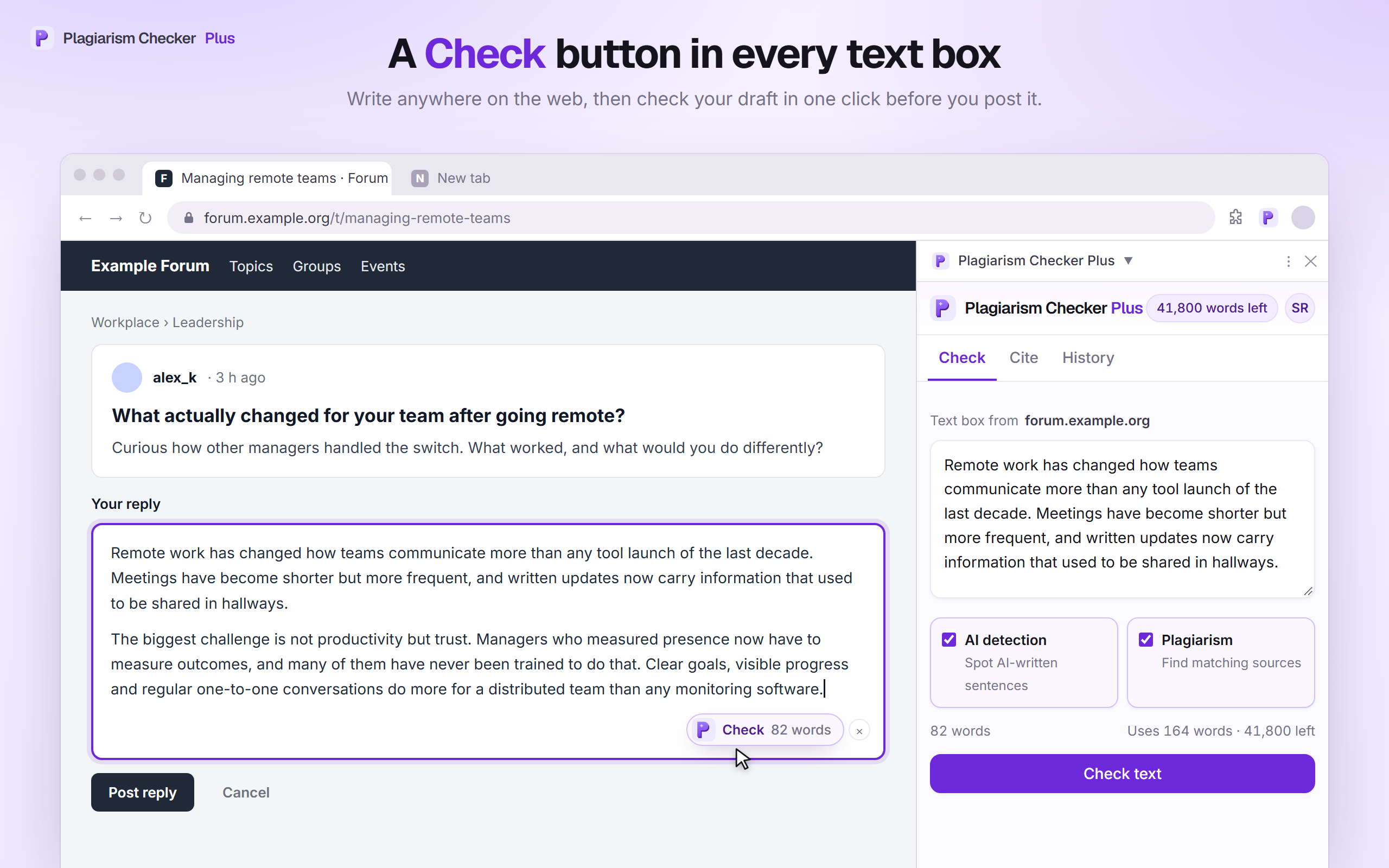A forum reply box with the “Check · 82 words” button in its corner, and the side panel ready to check the text for AI detection and plagiarism