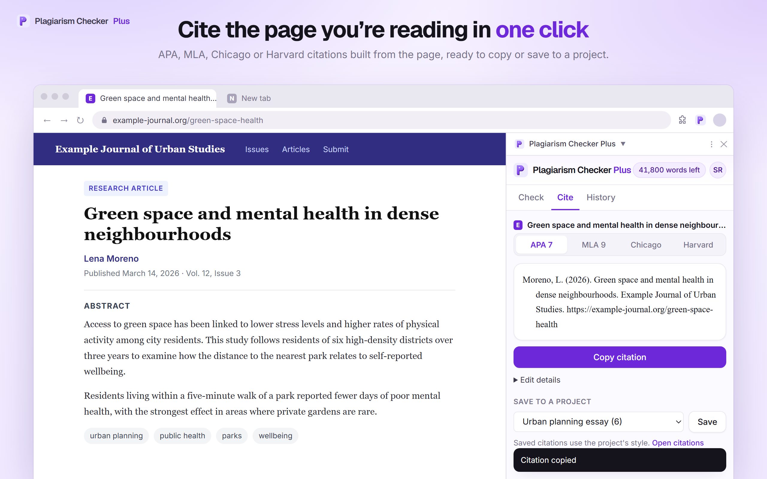 The Cite tab of the side panel showing an APA 7 citation for a journal article, with MLA 9, Chicago and Harvard tabs, a Copy citation button and Save to a project