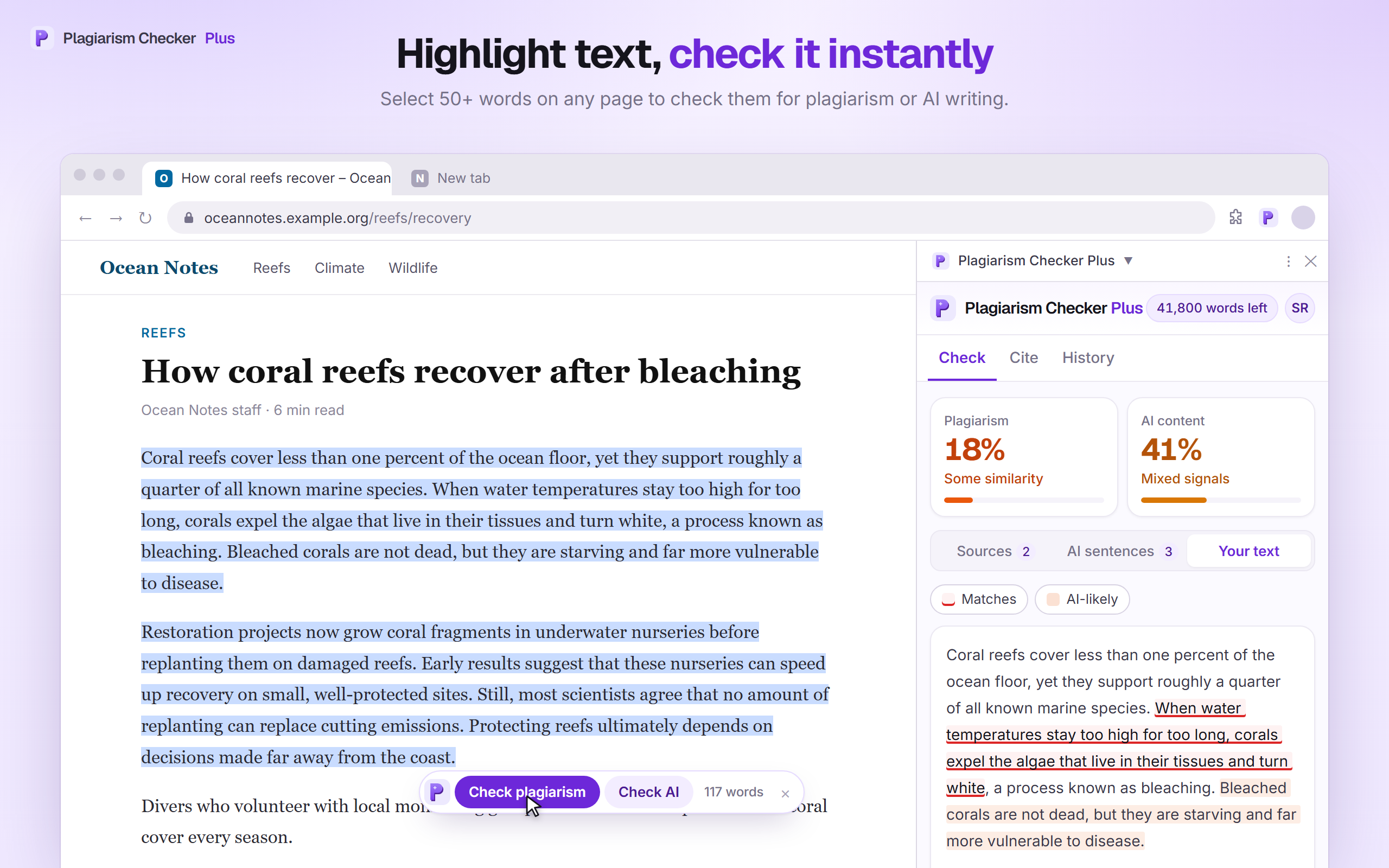 Highlighted paragraphs on an article with a small bar offering Check plagiarism and Check AI for 117 words, and results with matches underlined in the side panel