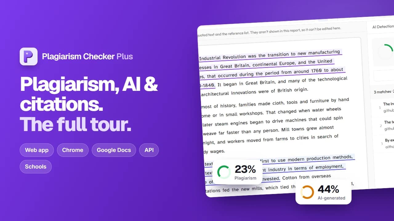 Plagiarism Checker Plus platform tour: plagiarism report, AI detection and citations