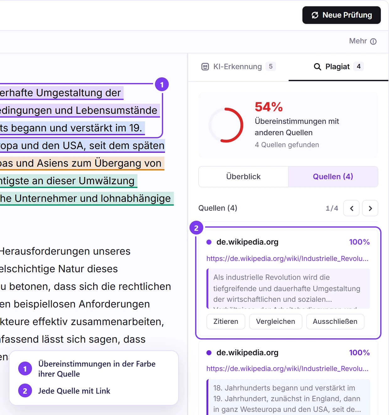 Plagiatsbericht mit nummerierten Hinweisen: Übereinstimmungen in der Farbe ihrer Quelle und die Liste der Quellen mit Link
