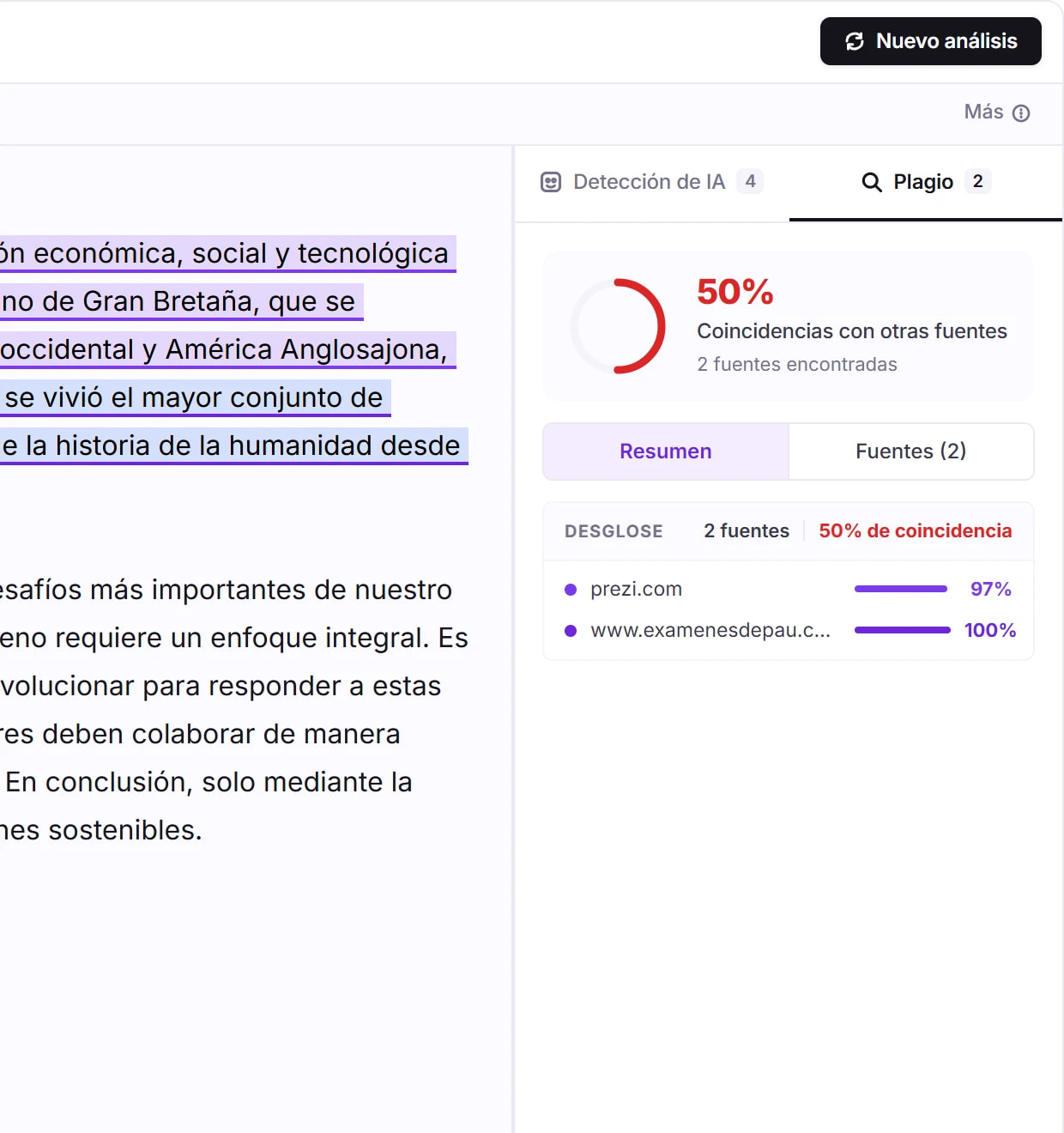 Resumen de plagio: un 50% de coincidencia y el desglose por fuente con el porcentaje de cada una