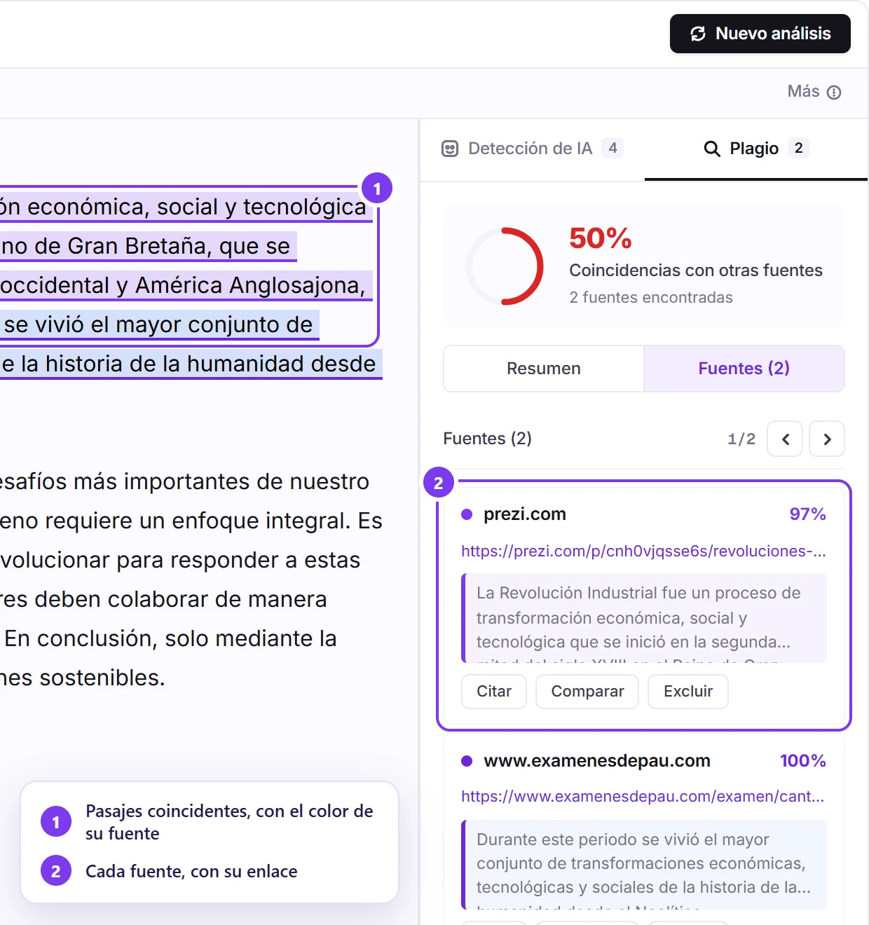 Informe de plagio con notas numeradas: pasajes coincidentes con el color de su fuente y la lista de fuentes con enlace