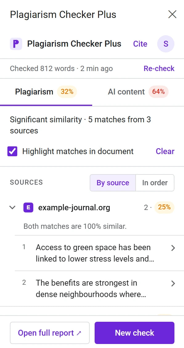 La barra lateral de Plagiarism Checker Plus en Google Docs después de revisar 812 palabras: pestañas «Plagiarism 32%» y «AI content 64%», «Significant similarity · 5 matches from 3 sources», la opción «Highlight matches in document», las fuentes en una lista con example-journal.org al 25% y los botones «Open full report» y «New check».