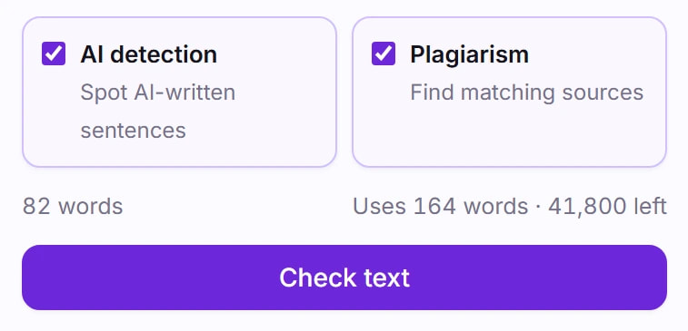 As opções de verificação da extensão com AI detection e Plagiarism marcados para 82 palavras, mostrando “Uses 164 words · 41,800 left” acima do botão Check text.
