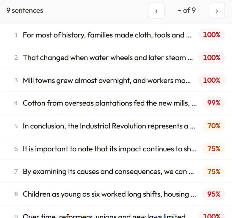 List of sentences, each with its own AI likelihood