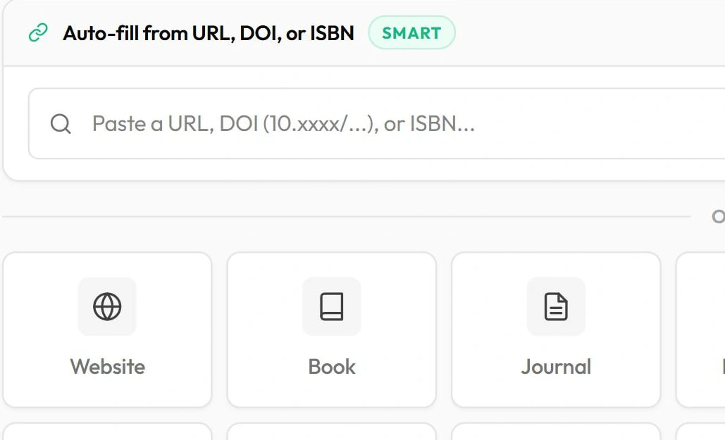 Citation generator: auto-fill from URL, DOI or ISBN, or pick one of 16 source types