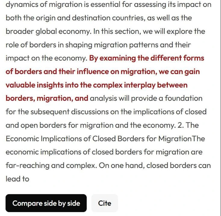 Matched source text with the copied words in red, and Compare side by side and Cite buttons