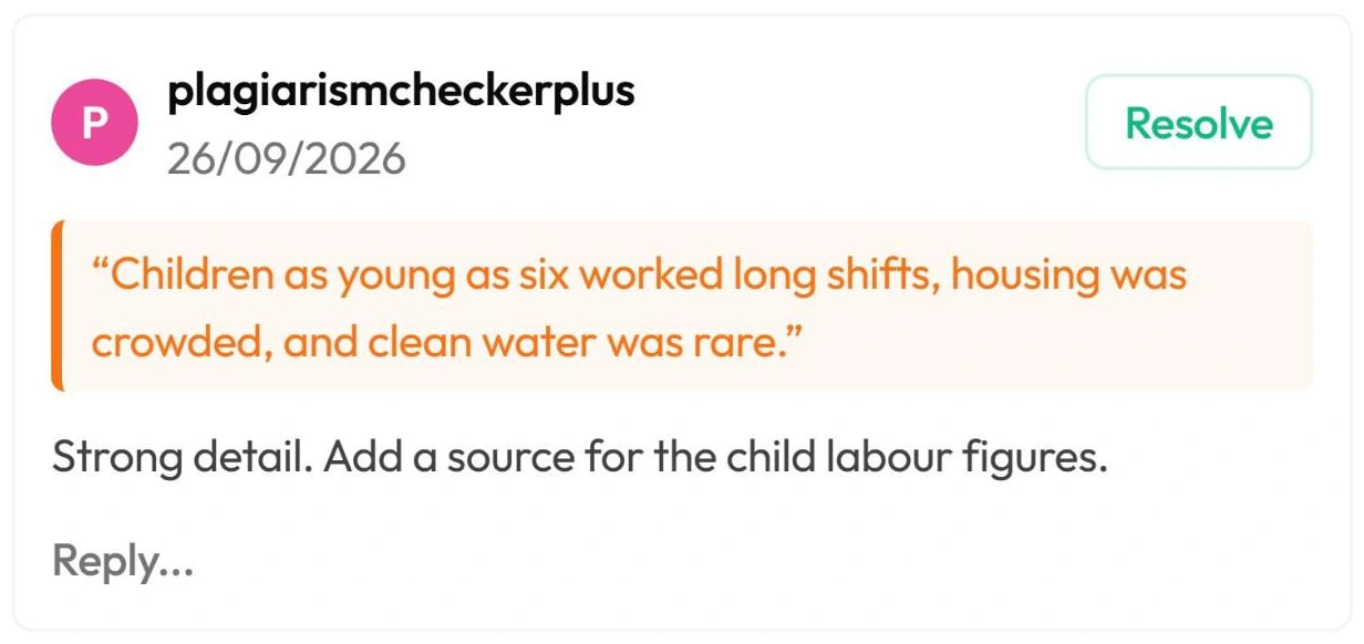 A remark on a highlighted sentence in a plagiarism report, with Resolve and Reply