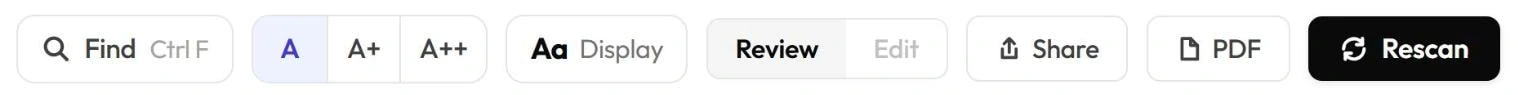 Report toolbar: Find, text size, Display, Review and Edit, Share, PDF and Rescan