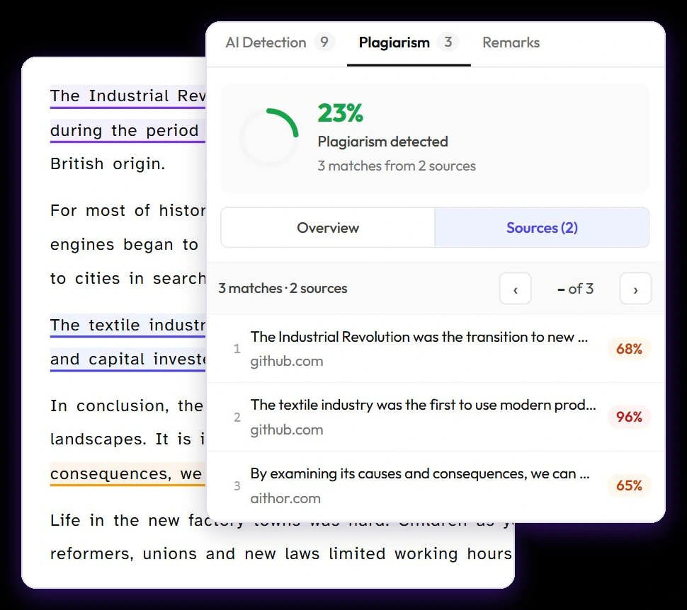 Plagiarism report with matched sentences underlined by source and a list of sources