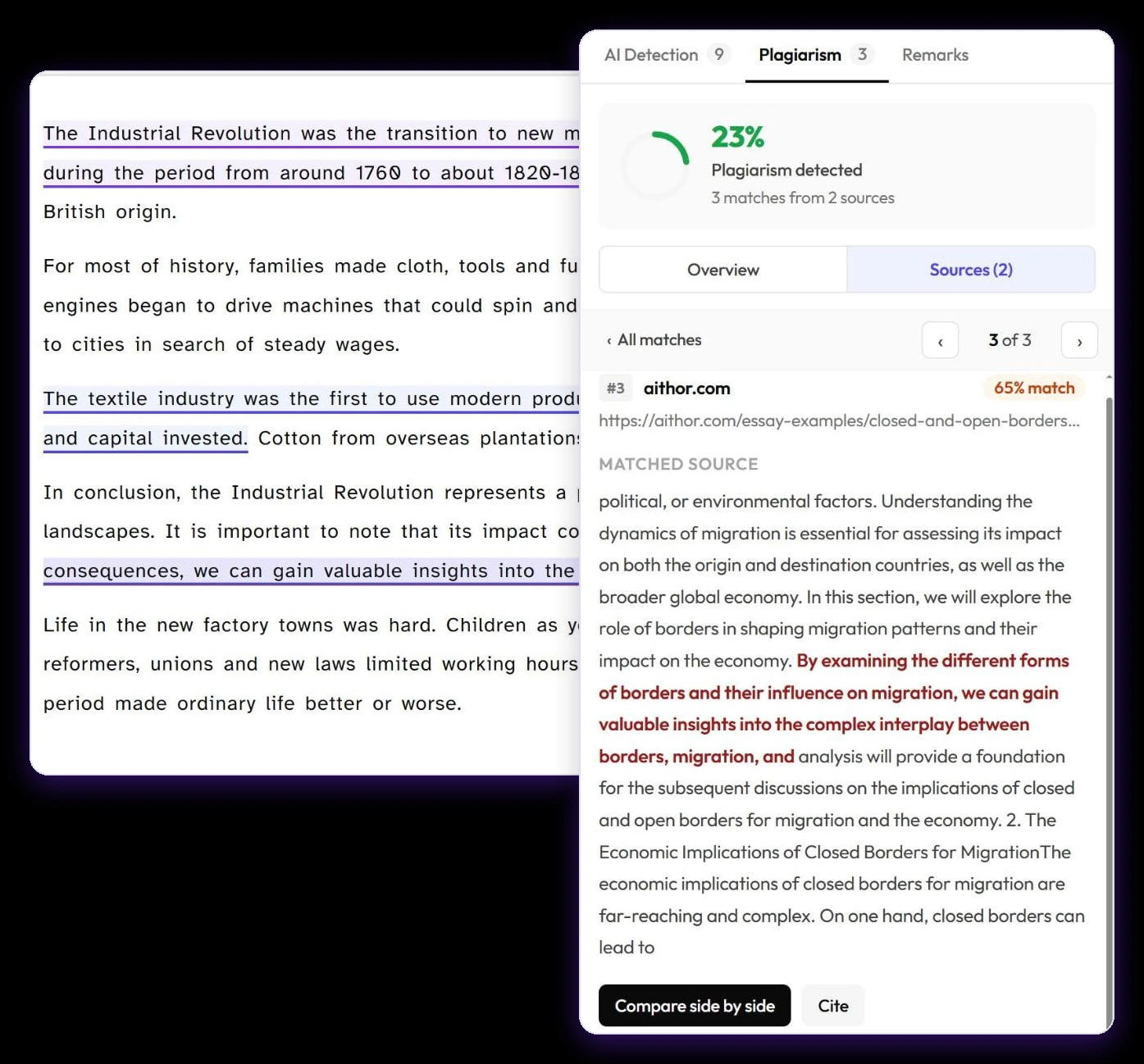 Match detail: the matched source text with the copied words in red, and buttons to compare side by side or cite the source
