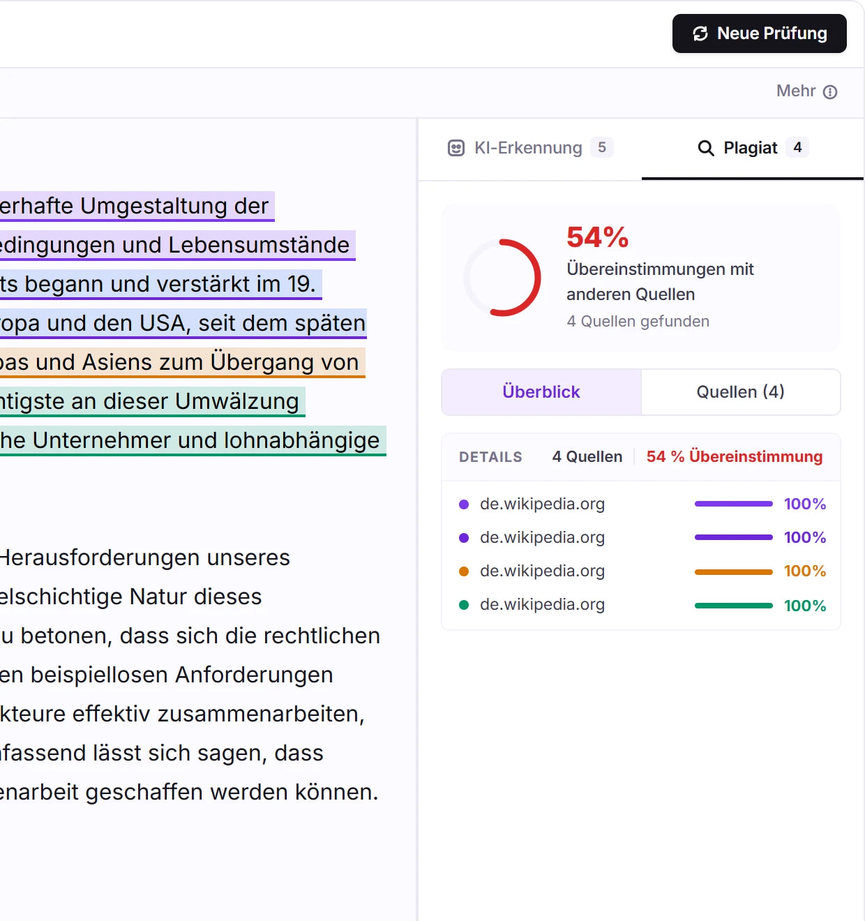 Plagiatsübersicht: 54 % Übereinstimmung und die Aufschlüsselung nach Quelle mit dem Anteil jeder Quelle