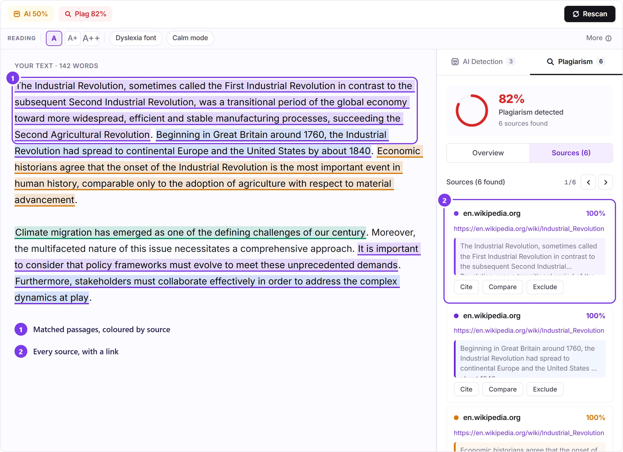 Plagiarism report with numbered notes: matched passages coloured by source, and the list of sources with links