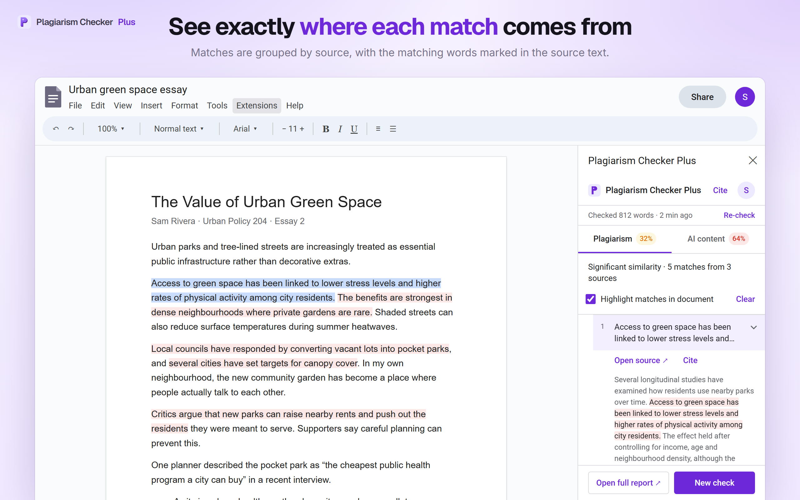 Una coincidencia de plagio desplegada en la barra lateral de Google Docs: el párrafo de la fuente con las palabras coincidentes marcadas, los enlaces Open source y Cite, y la frase coincidente seleccionada en el documento