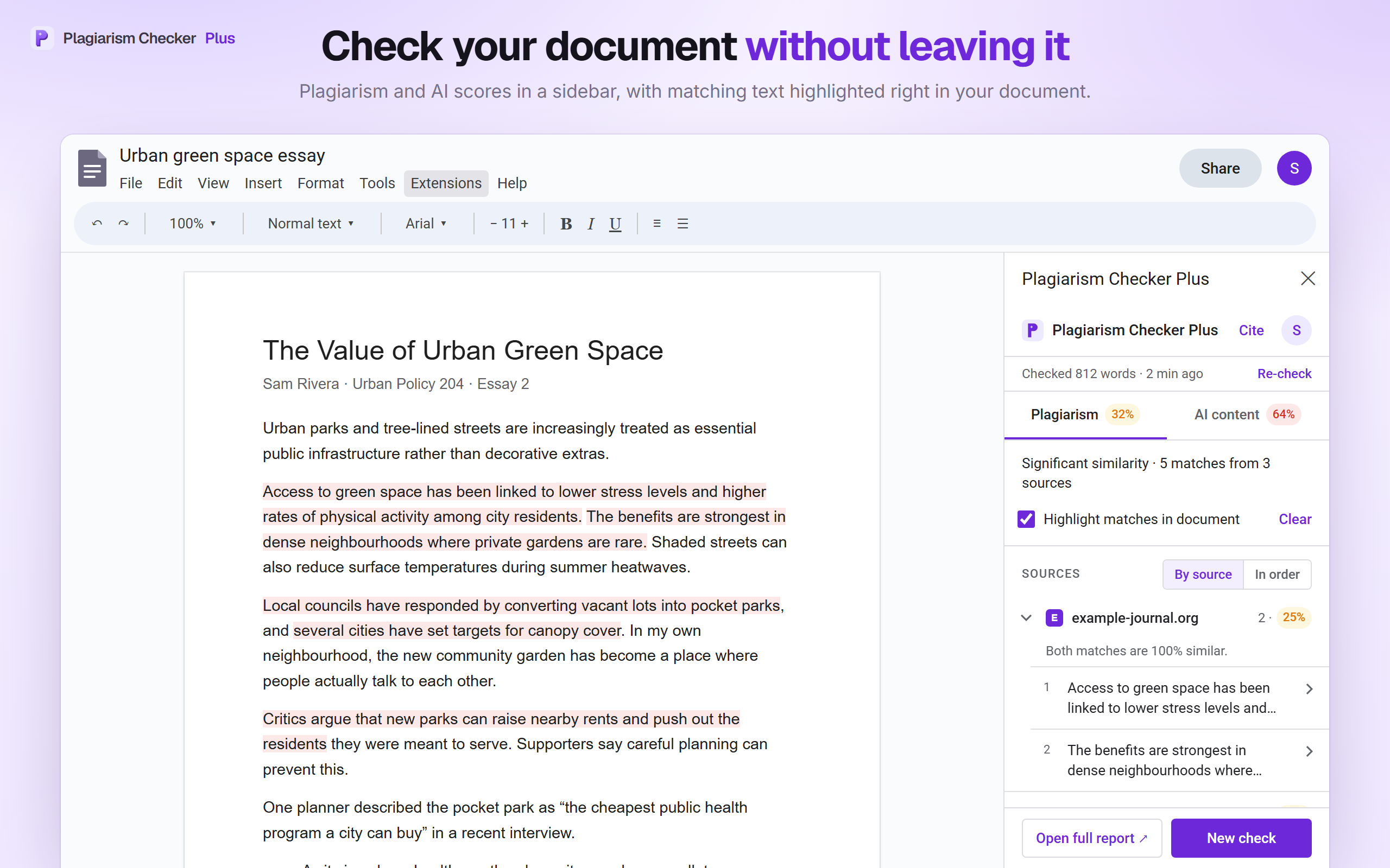 The Plagiarism Checker Plus sidebar in Google Docs with matched passages highlighted in the document