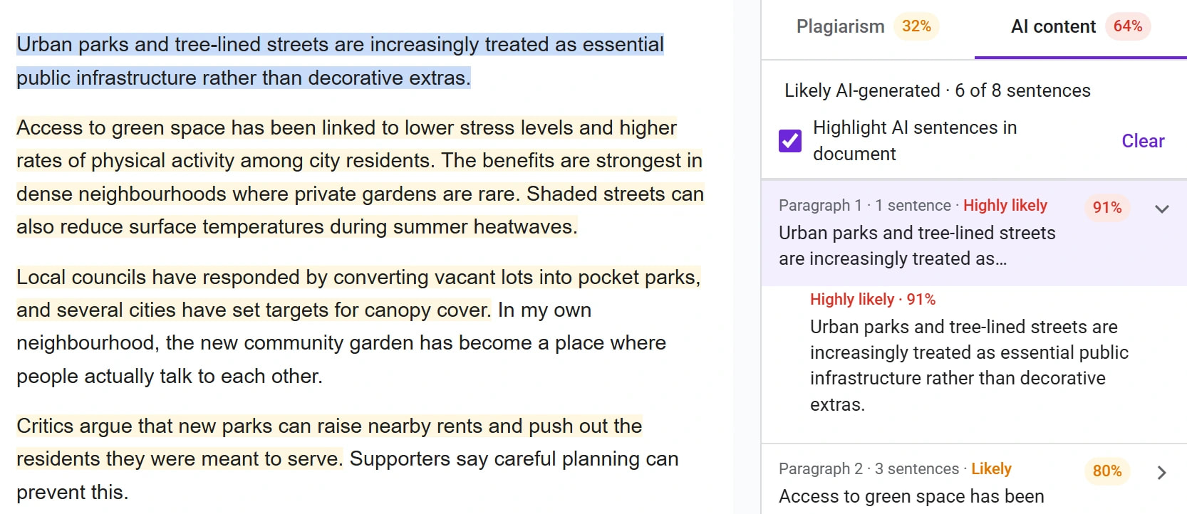 Un ensayo en Google Docs con las frases probablemente escritas por IA resaltadas en amarillo claro y el primer pasaje seleccionado, junto a la pestaña «AI content» (64%) de la barra lateral, que muestra «Likely AI-generated · 6 of 8 sentences», la casilla «Highlight AI sentences in document» marcada, un párrafo valorado como «Highly likely» con un 91% y otro como «Likely» con un 80%.