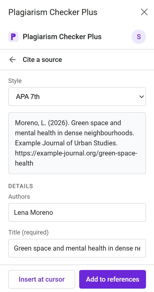 El panel «Cite a source» del complemento de Google Docs con APA 7th seleccionado, una vista previa de la referencia, los campos «Authors» y «Title» y los botones «Insert at cursor» y «Add to references».
