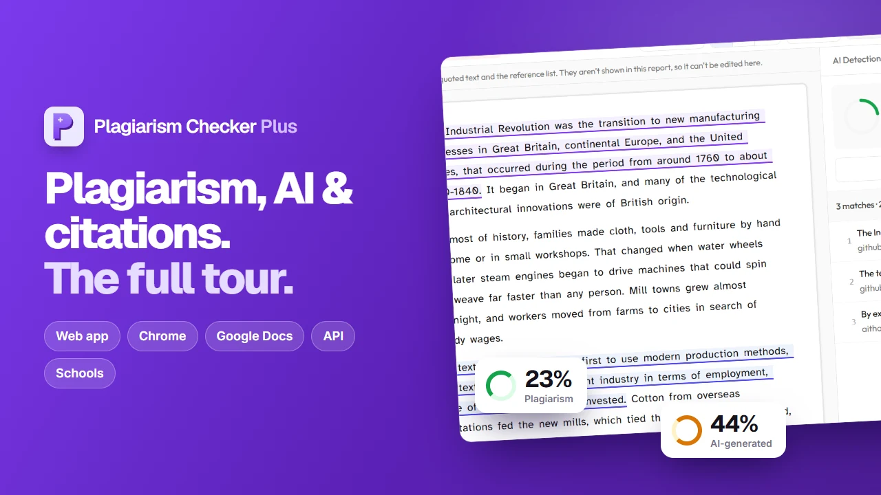 Plagiarism Checker Plus platform tour: plagiarism report, AI detection and citations